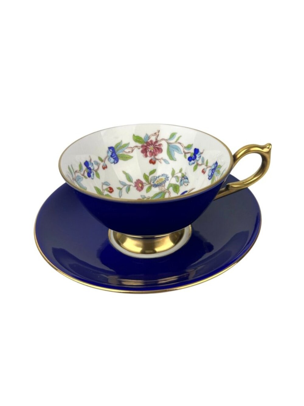 Aynsley Millennium Limited Edition Cobalt Bird Floral Teacup Saucer Set England